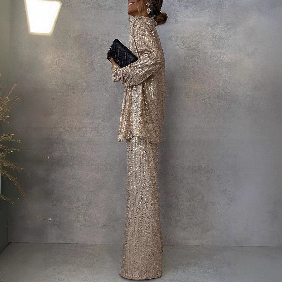 Women Glittering Blazer Suit with Wide Leg and Shimmering Sequins Lune London