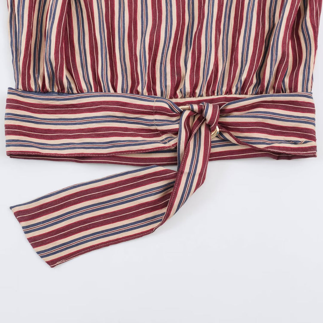 Women's Sleeveless Striped Blouse with Waterfall Collar and Tie Belt Amarae