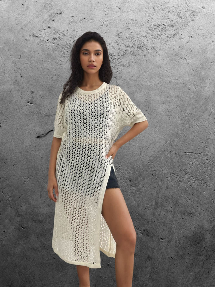 Ladies long knitted kimono with open design and breathable mesh structure Lune London