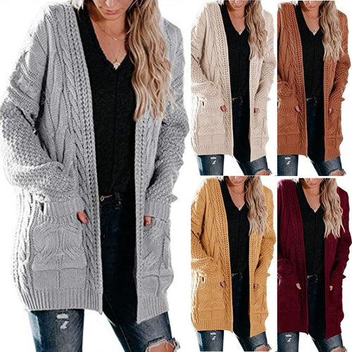 Thick knit jacket for women with deep pockets and textured cable pattern Amarae