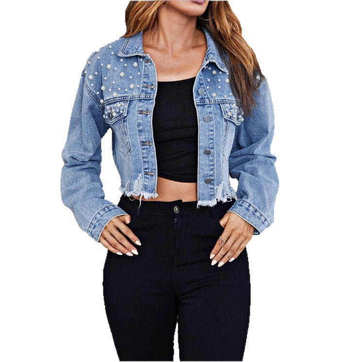 Ladies short denim jacket with pearl embellishments, fringed hem, and wide-cut sleeves Amarae