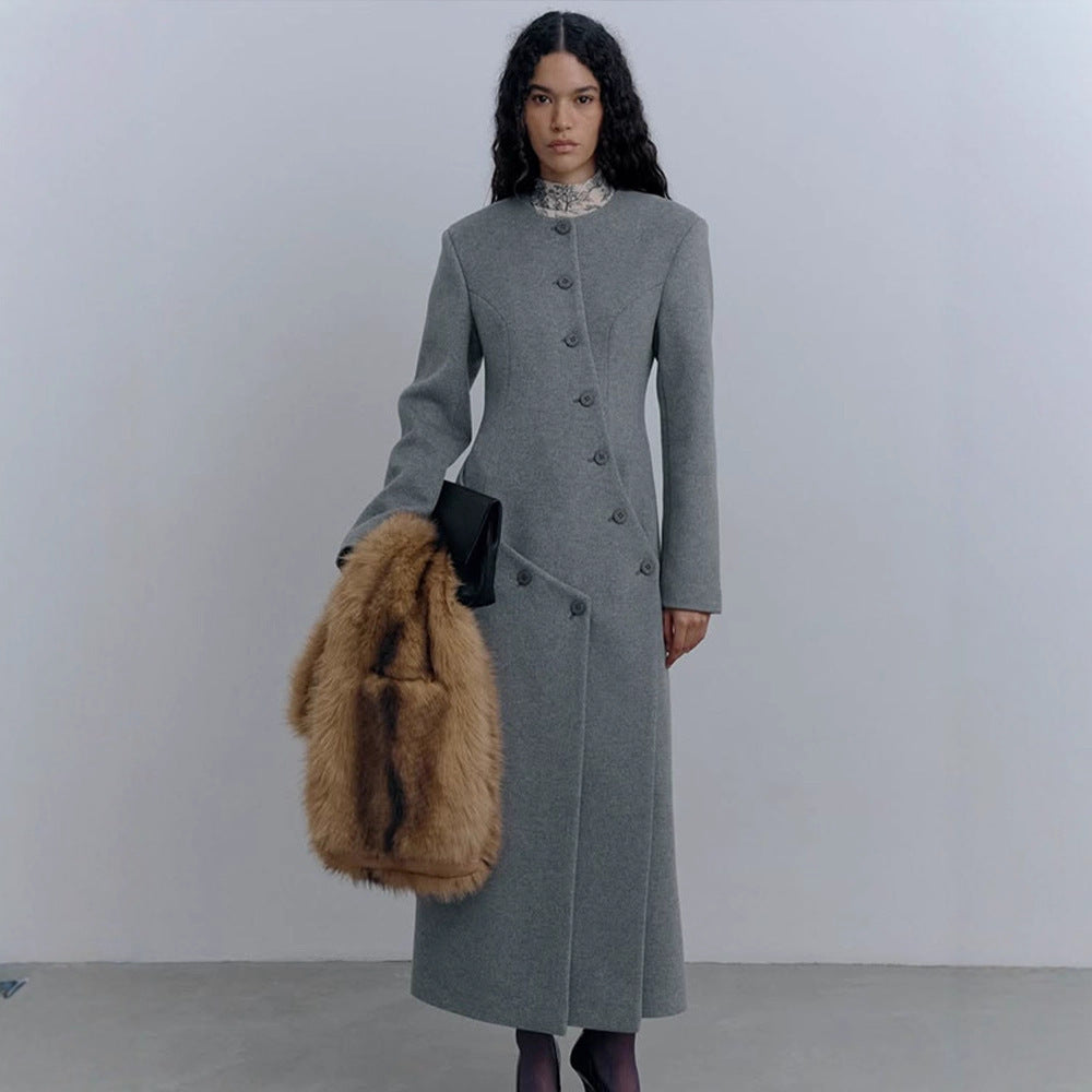 Women's Longer Tailored Wool Blend Coat with Asymmetrical Button Placket and Round Neck Amarae