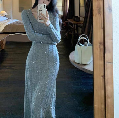 Robe en tricot pour femmes avec motif en câble et dentelle perlée Chic & Stil