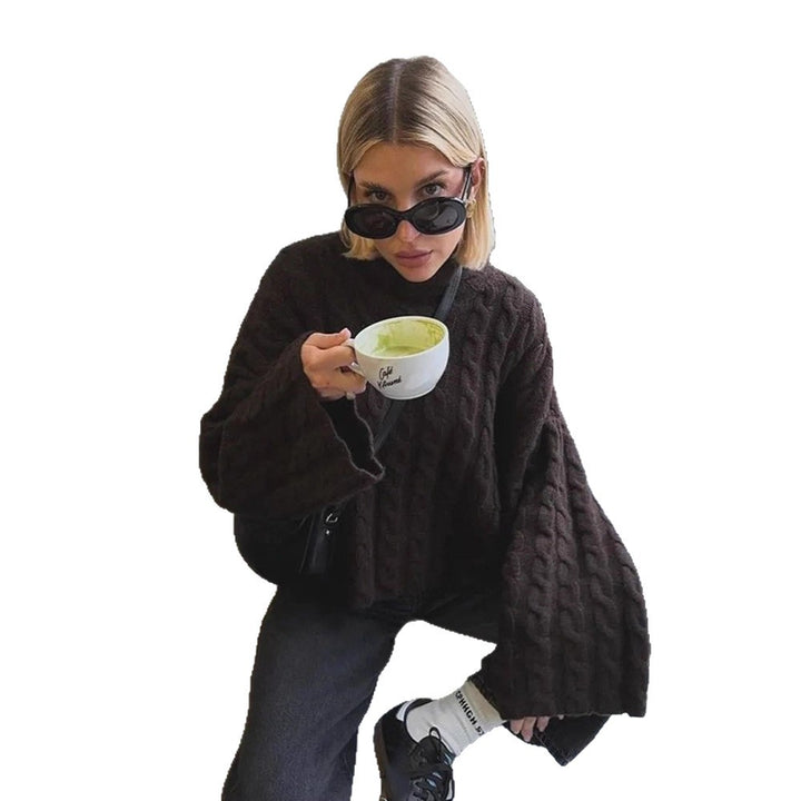 Women's Short-Cut Cable Knit Sweater with Turtleneck & Balloon Sleeves Amarae
