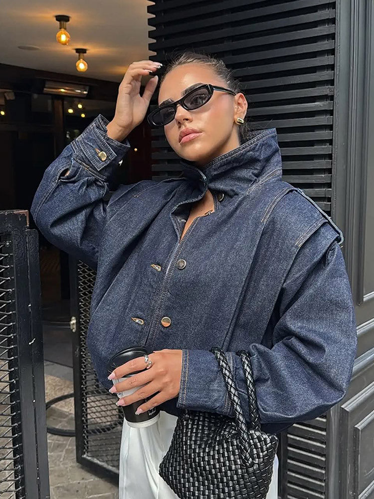 Women Oversize Denim Jacket with High Stand-Up Collar, Snap Button Placket and Shoulder Detail Amarae