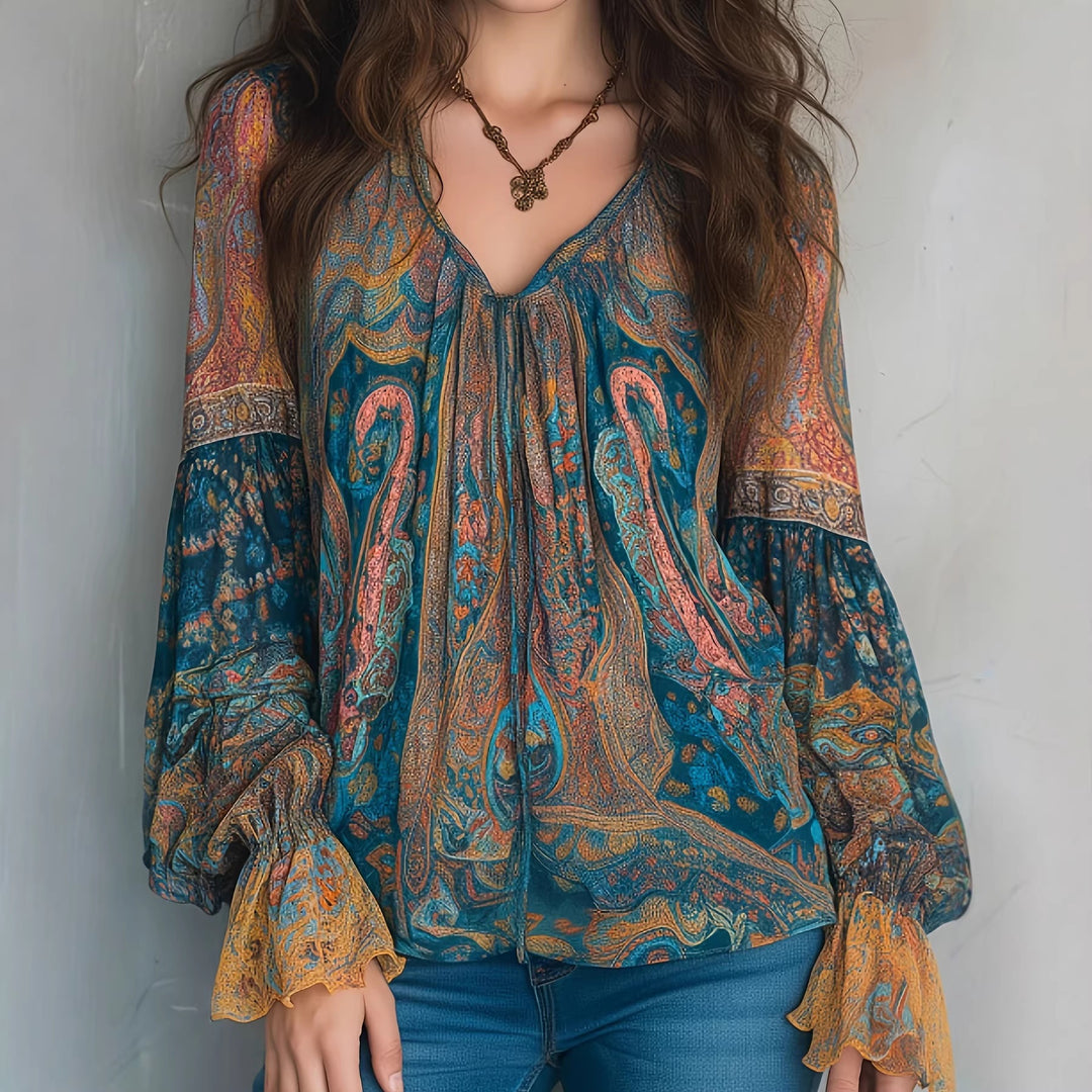 Women’s Boho-Chic Blouse with Flamed Sleeves and V-Neck Lune London