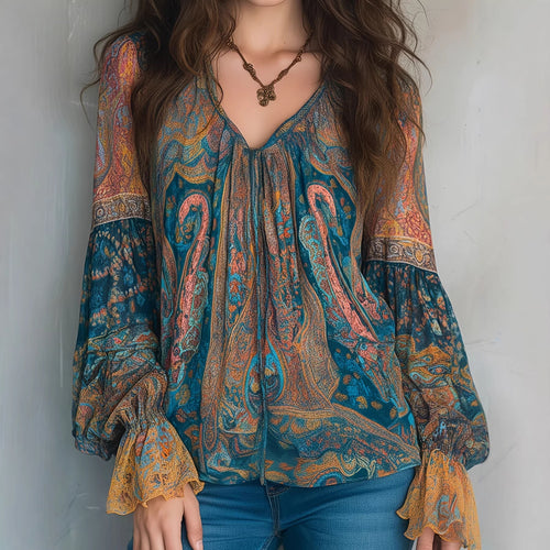 Women’s Boho-Chic Blouse with Flamed Sleeves and V-Neck Amarae