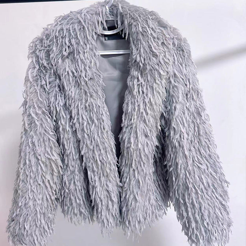 Ladies Short Cozy Jacket in Synthetic Fur with Chic and Stylish V-Neck
