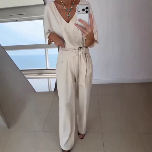 Women Elegant Jumpsuit with Tailored Cut and Wrap Belt Chic & Stil