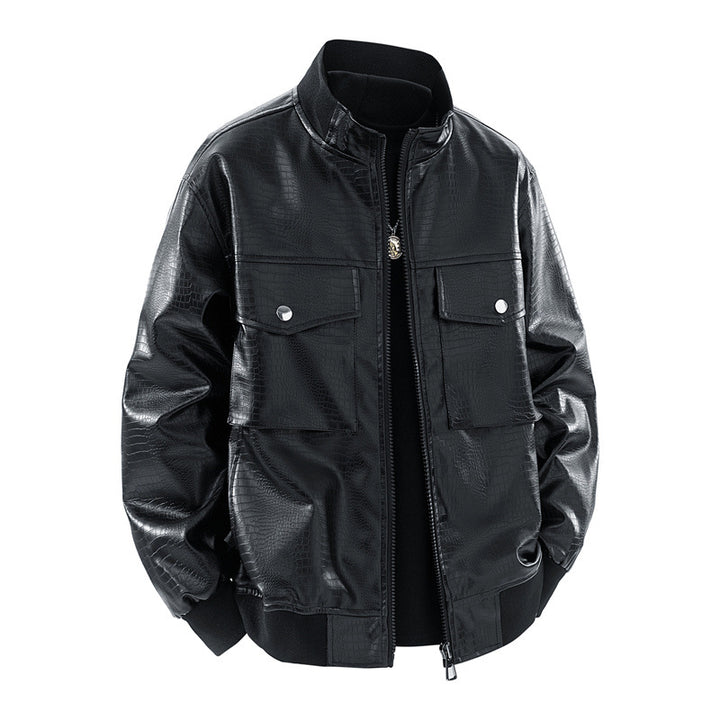 Men's faux leather bomber jacket with textured design and practical pockets Lune London