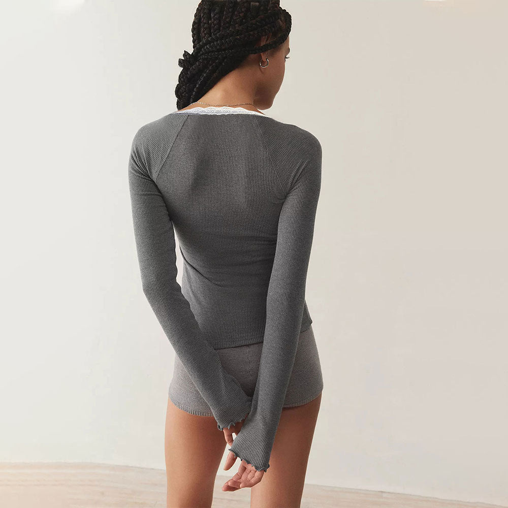 Chemise à manches longues pour femmes avec dentelle et patte de boutons Chic & Stil