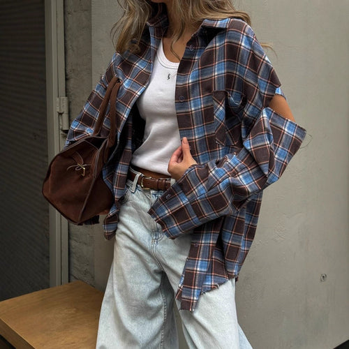 Women checked oversized shirt jacket with cut-out sleeves and raw hem Amarae