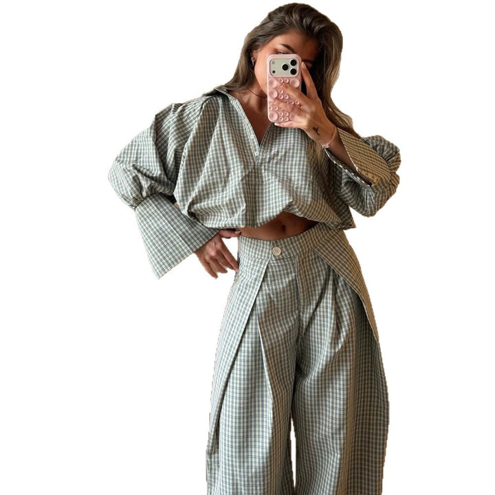 Women's Two-Piece Checked Set with Cropped Oversized Shirt and Wide Pleated Trousers Amarae