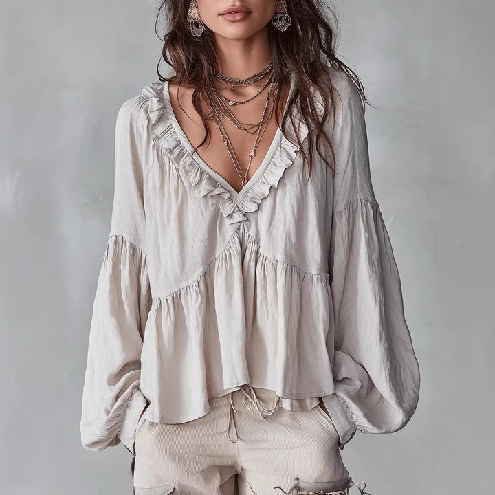 Women's Flowing Top with Ruffled Details and V-Neck Lune London