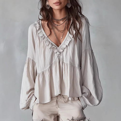 Women's Flowing Top with Ruffled Details and V-Neck Amarae