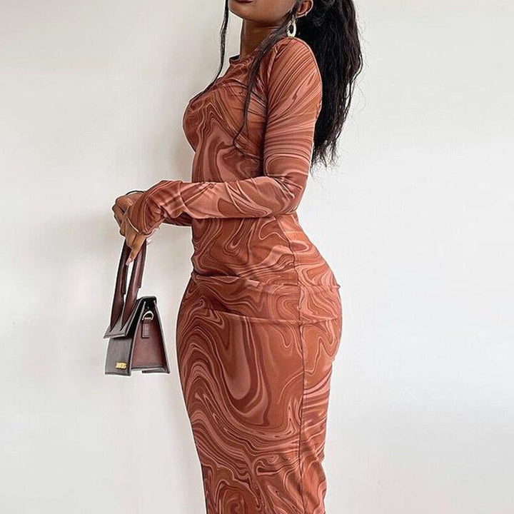 Elegant long-sleeve dress for women with a modern marble pattern and a fitted cut Lune London