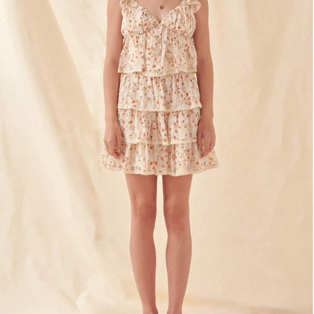 Flared mini skirt for women with floral ruffle details Lune London