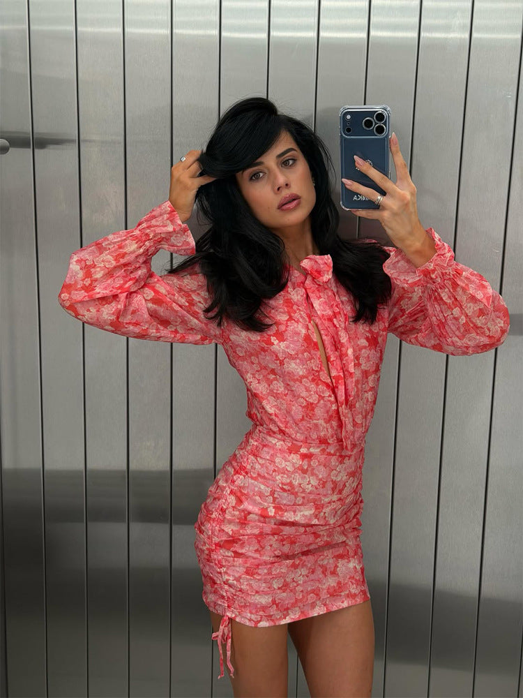 Women Floral Chiffon Mini Dress with Bow Collar, Transparent Volume Sleeves and Side Gathering Amarae