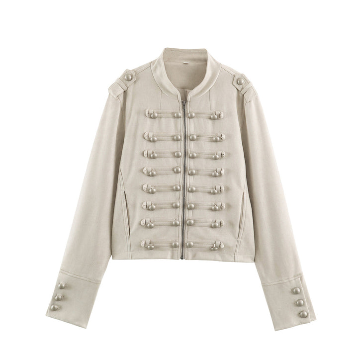 Women Short Military Jacket with Decorative Button Placket and Stand Collar Amarae