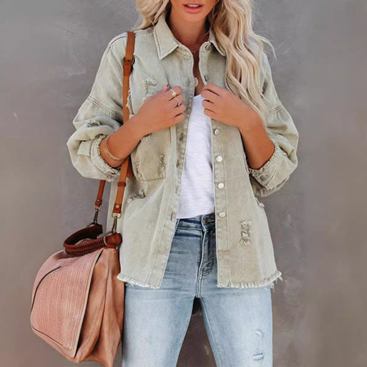 Casual oversized denim jacket for women with frayed details Lune London