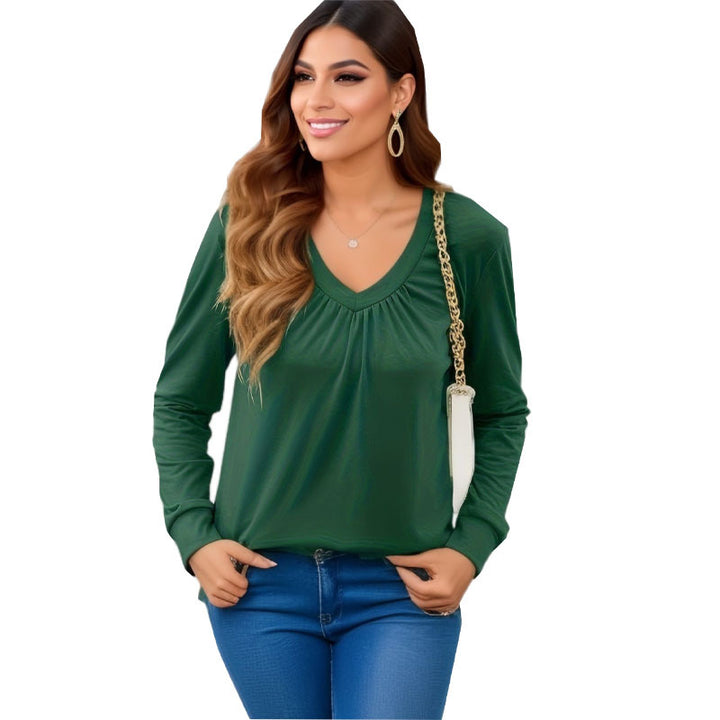 Woman long sleeve V-neck t-shirt with elegant draping and a relaxed fit Lune London