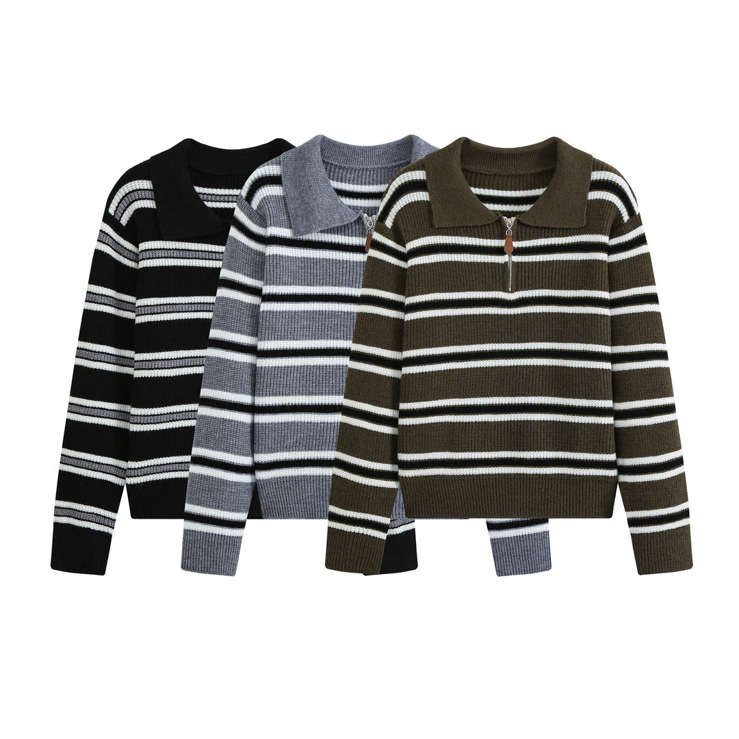 Women's Striped Knit Sweater with Polo Collar and Half Zipper Amarae