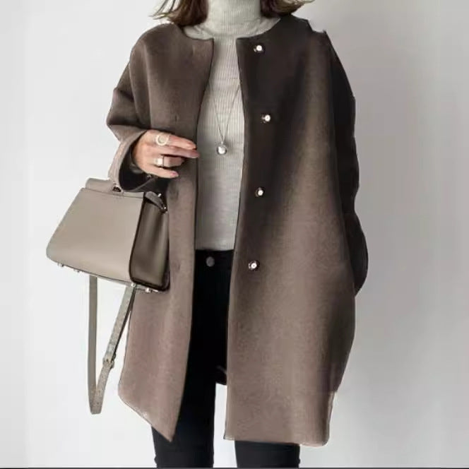 Ladies Elegant Oversized Wool Coat with Double Button Closure and Side Pockets Amarae