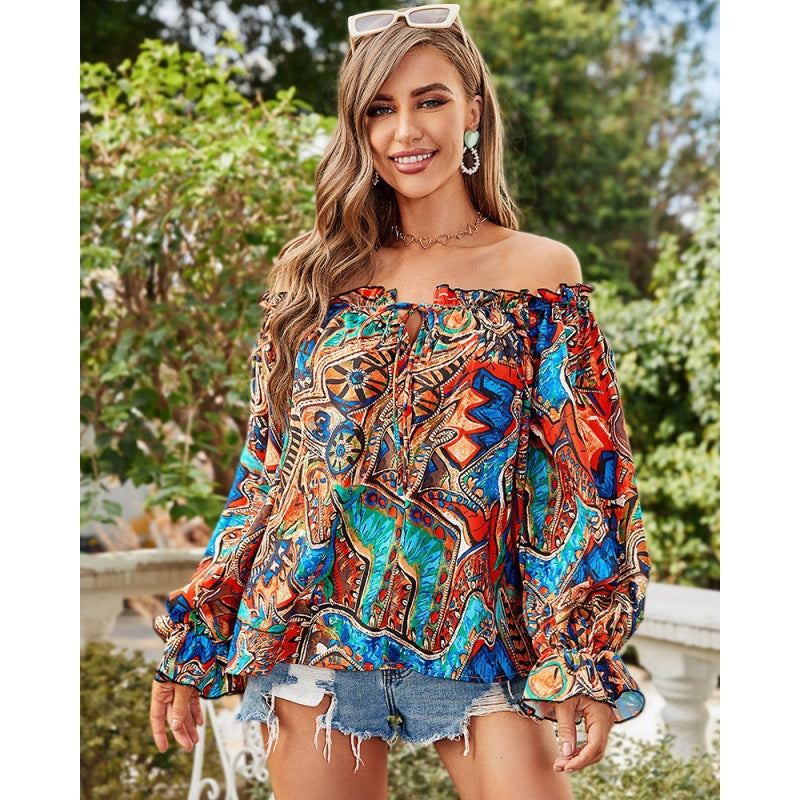 Ladies Off-Shoulder Blouse with Colorful Pattern and Elastic Hem Lune London