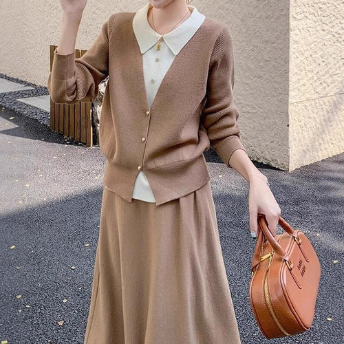 Women’s knit set with an elegant blouse look and a flowy skirt Amarae