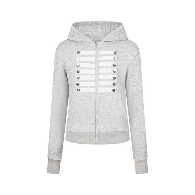 Women's hooded sweatshirt jacket with decorative military braid trim and decorative buttons Amarae