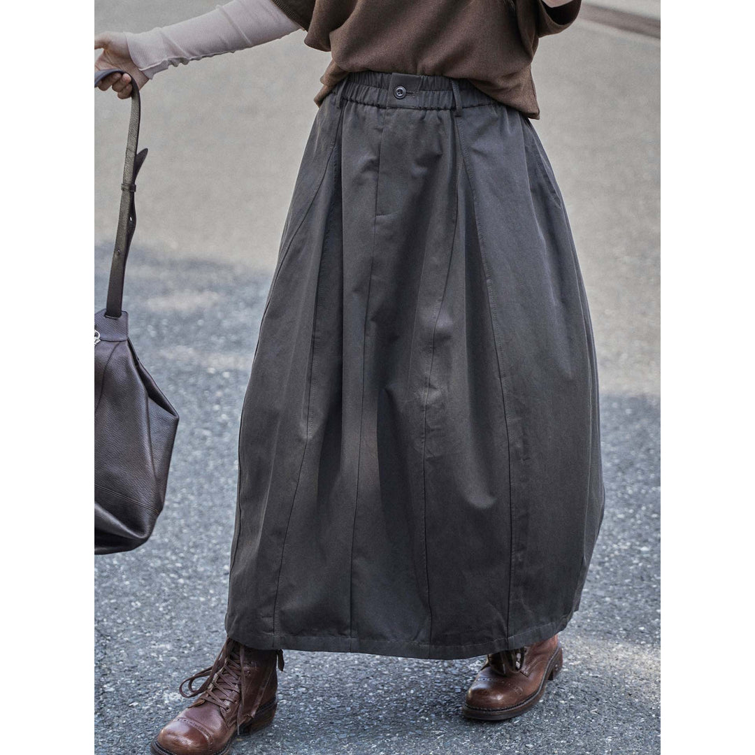 Women Wide Midi-Length Pleated Skirt with Elastic Button Waistband Amarae