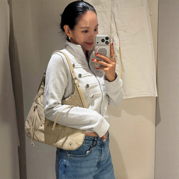 Women Short-Cut Sweat Jacket in Military Look with Stand-Up Collar Amarae