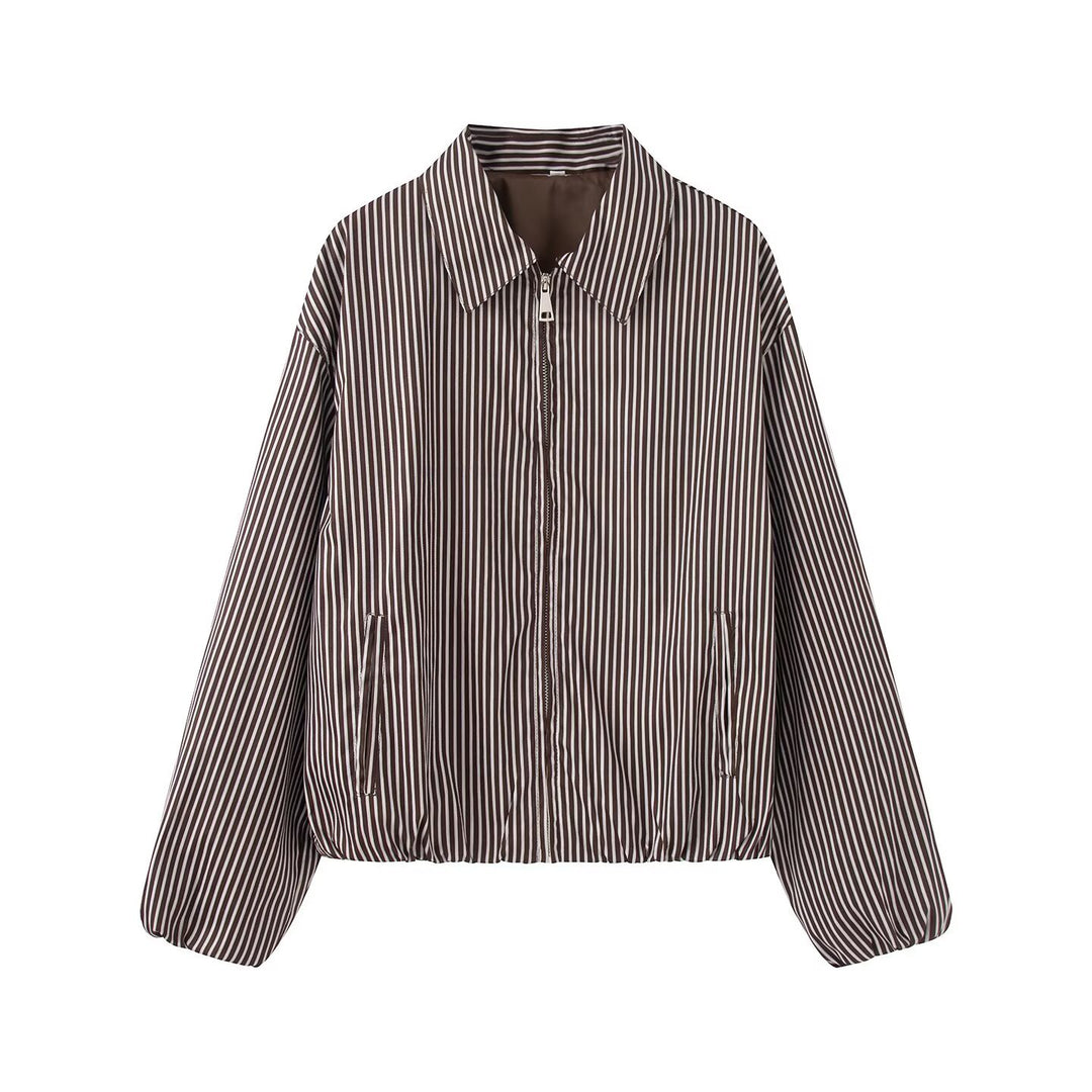 Women's Lightweight Striped Blouson Jacket with Zipper, Shirt Collar and Elastic Hem Amarae