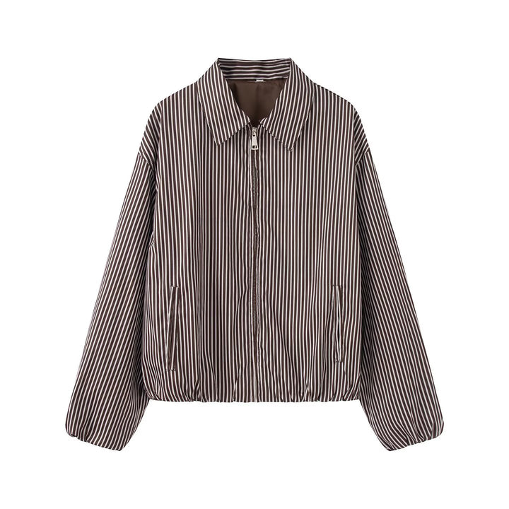 Women's Lightweight Striped Blouson Jacket with Zipper, Shirt Collar and Elastic Hem Amarae