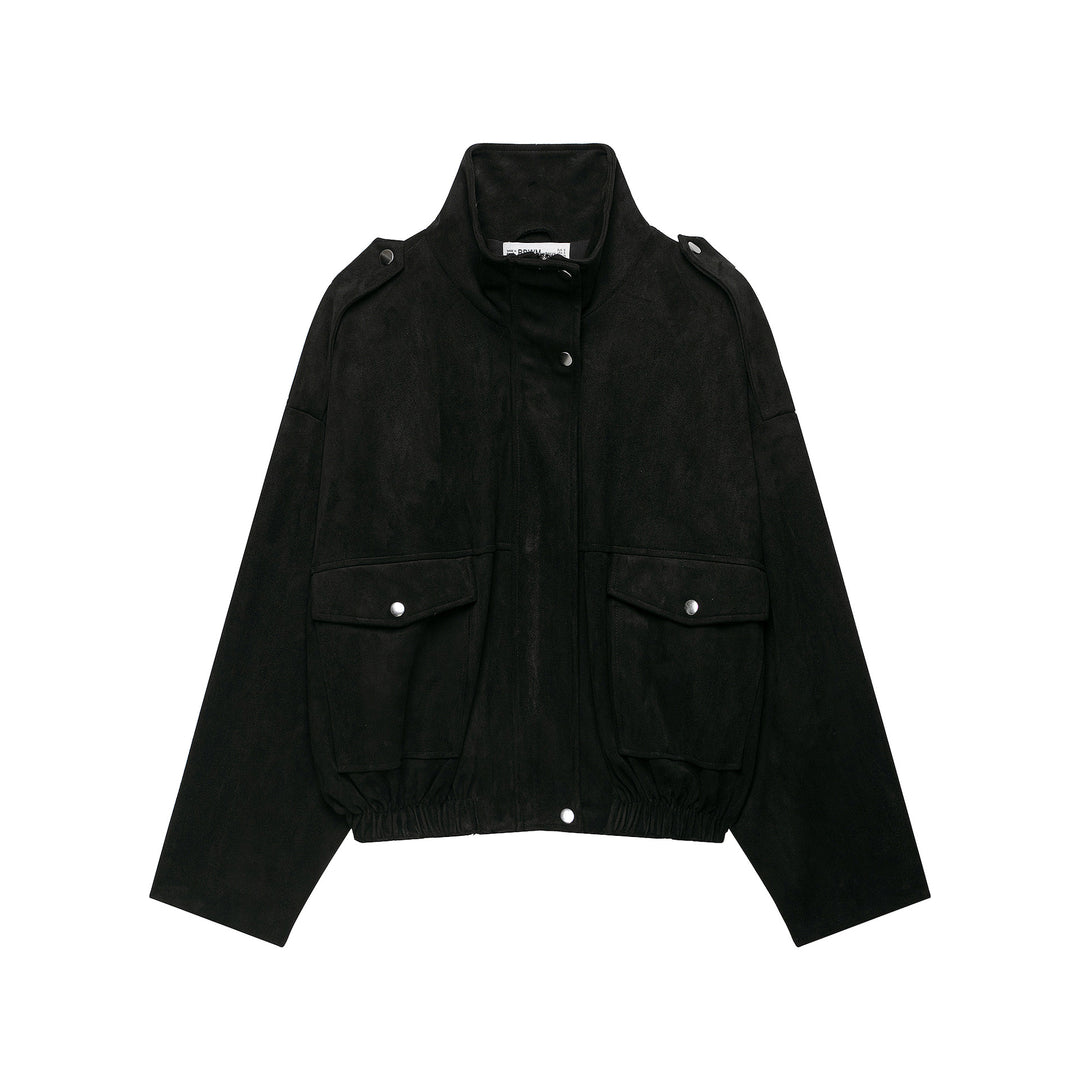 Women's tailored velvet bomber jacket with stand-up collar, shoulder epaulettes, and large flap pockets
