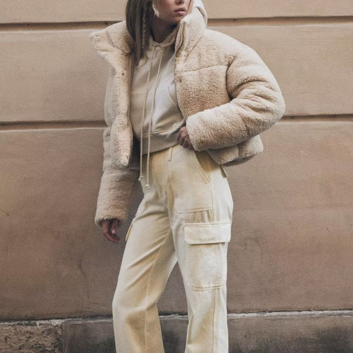 Ladies cropped teddy coat comfortable with high collar and side pockets Lune London