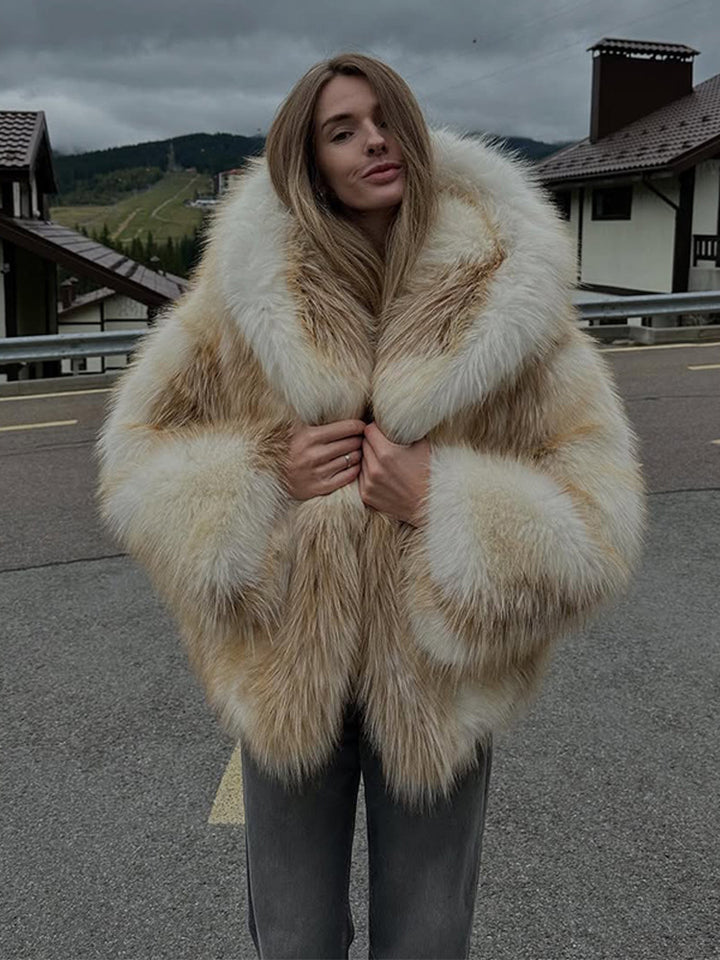 Ladies luxurious short-cut faux fur bomber with voluminous shawl collar and contrasting fur accents Amarae