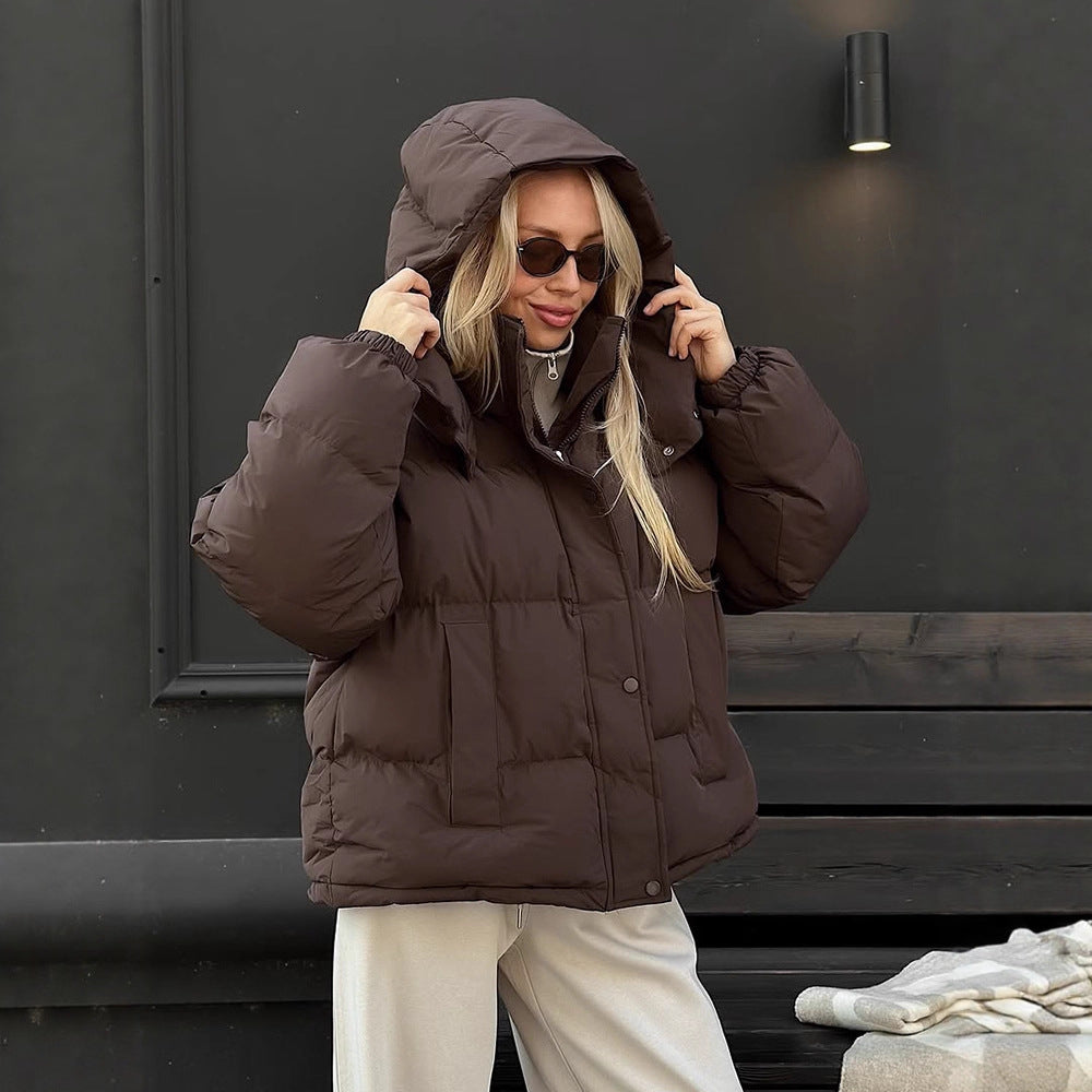 Women's short-cut oversized quilted jacket with high stand-up collar and concealed snap button placket Amarae