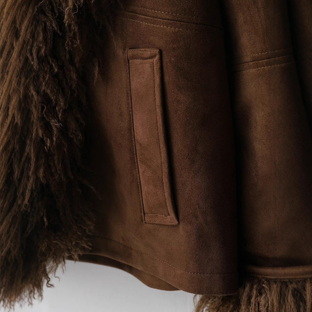 Women's Lambskin Look Coat with Voluminous Teddy Collar Amarae