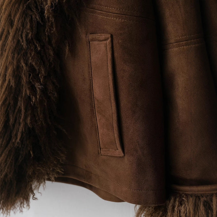 Women's Lambskin Look Coat with Voluminous Teddy Collar Amarae