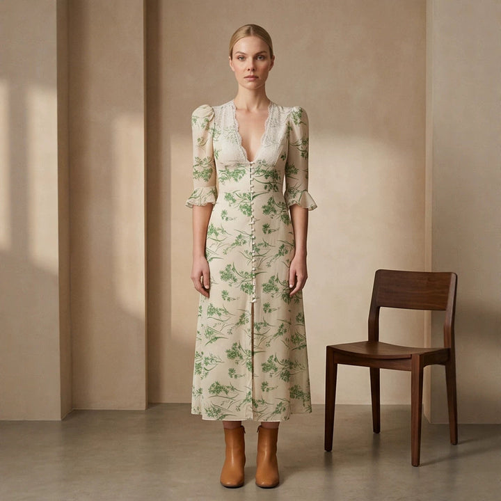 Women Floral Midi Dress with Lace V-Neck, Fitted Waist Seam and Pearl Button Placket Amarae