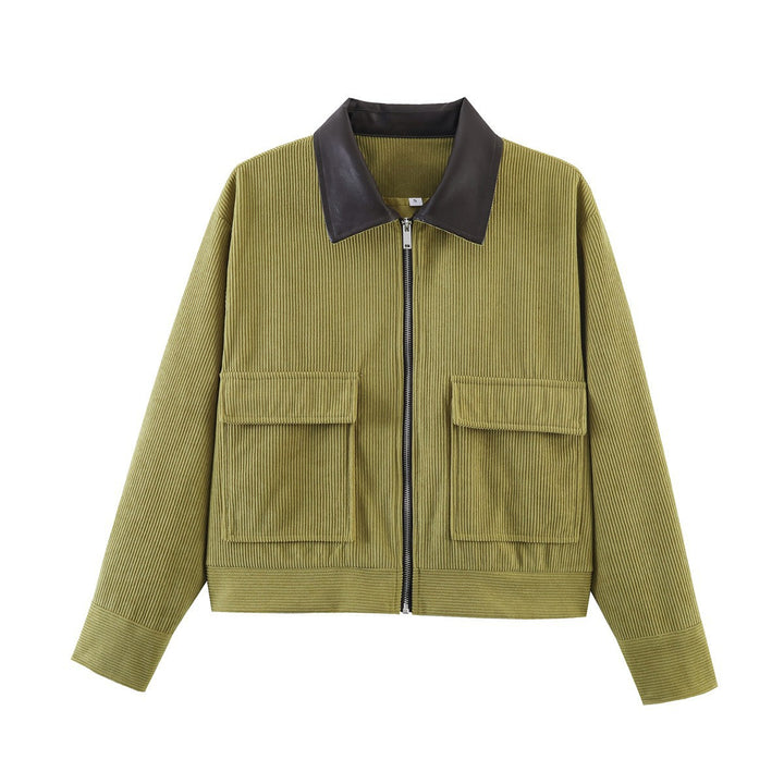 Ladies short-cut cord jacket with lapel collar made of faux leather and patch flap pockets Amarae