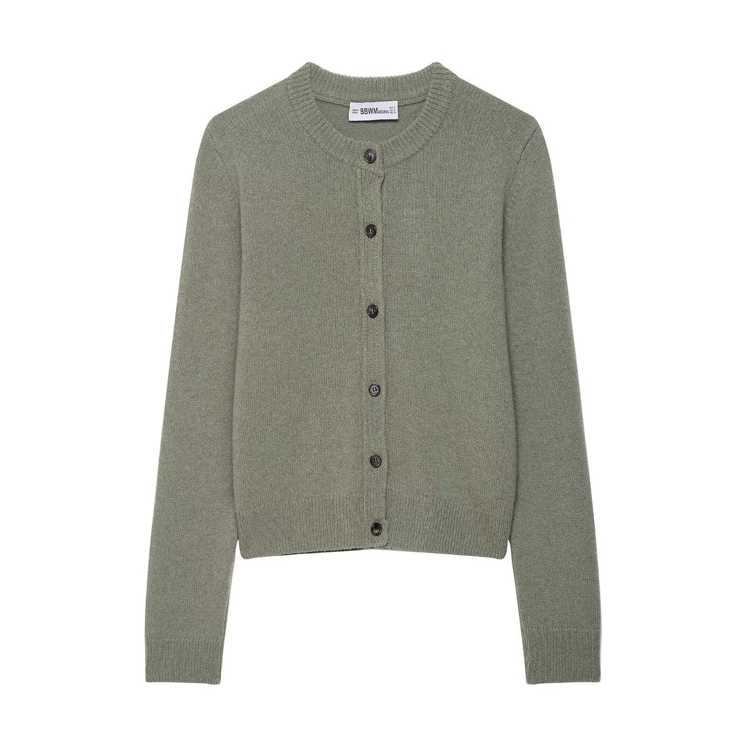 Women Short-Cut Fine Knit Cardigan with Round Neck and Ribbed Cuffs Amarae