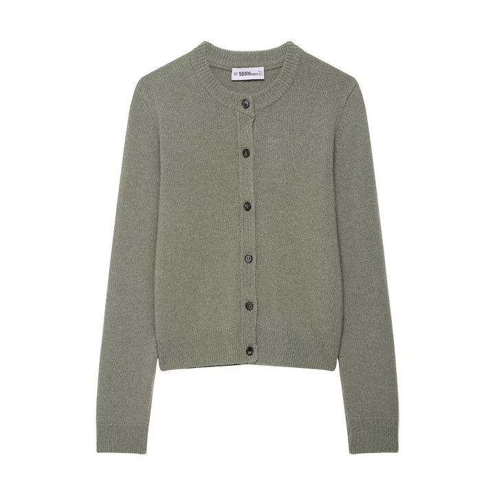 Women Short-Cut Fine Knit Cardigan with Round Neck and Ribbed Cuffs Amarae