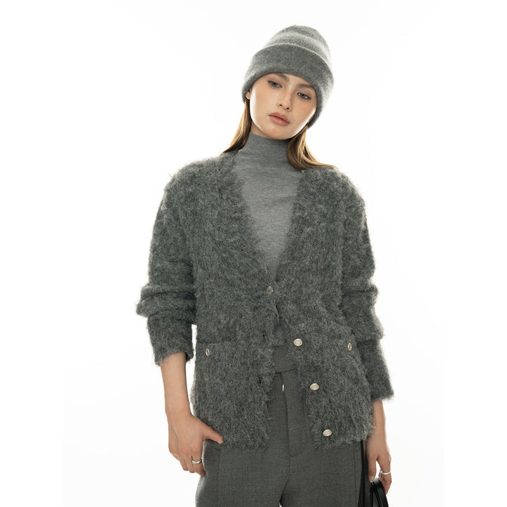 Ladies Chunky Fluffy Mohair-Look Cardigan with Button Placket and Pockets Amarae