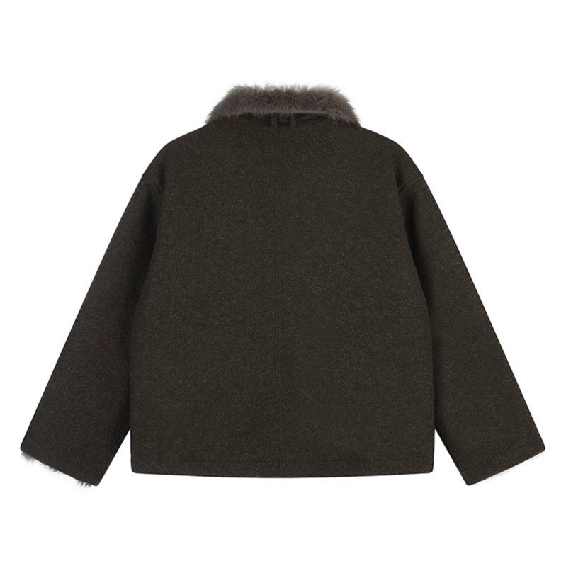 Women's short wool jacket with faux fur trim and asymmetric button placket Amarae