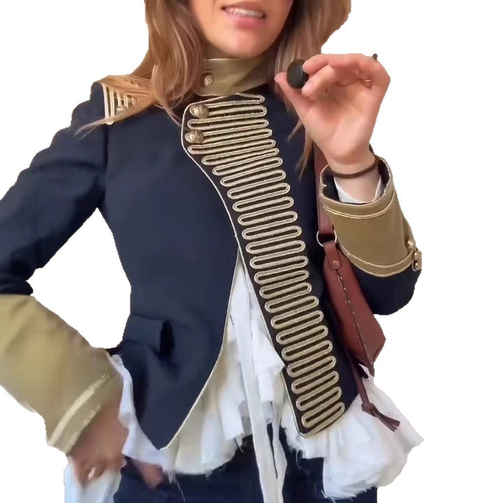 Women’s military-inspired short jacket with gold cord trim and stand-up collar Amarae