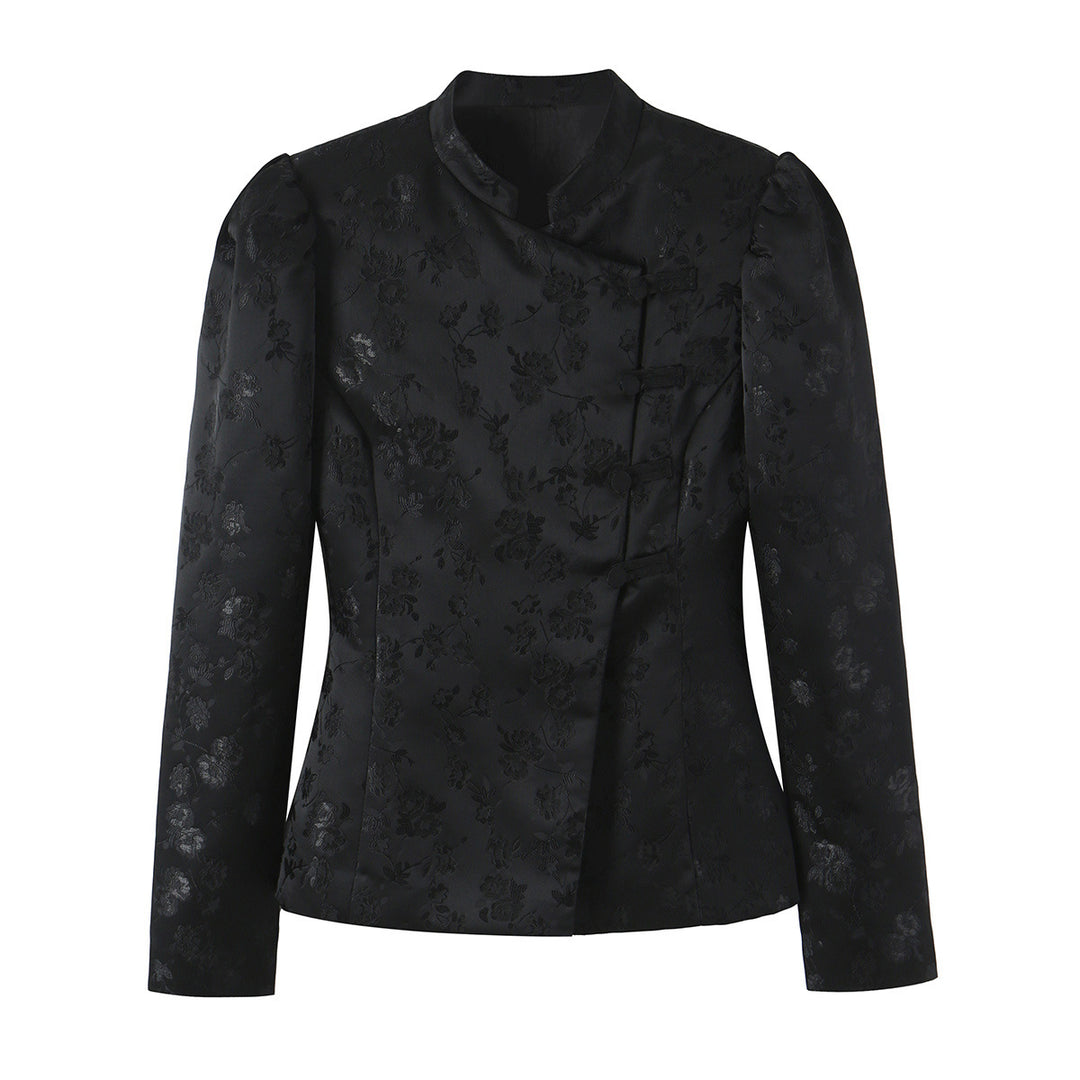 Women's Tailored Jacquard Blazer Jacket with Mandarin Collar and Decorative Knot Closure Amarae