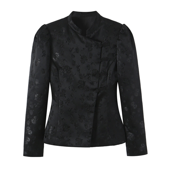 Women's Tailored Jacquard Blazer Jacket with Mandarin Collar and Decorative Knot Closure Amarae
