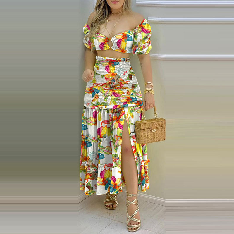 Robe d'été deux pièces pour femmes en tissu froissé avec manches bouffantes et fente haute Chic & Stil